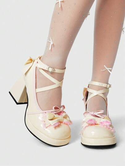 Kawaii Women's Mary Jane Style Thick Heel High Heel Shoes With Bow Decor, Waterproof Platform Shoes, Round Toe Mule Shoes, Yellow Heart Formal Dress Heels Valentine's Day