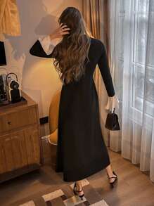 Pariaura Women's Black & White Contrast Ruffle Flare Sleeve Button Decorated Dress Fall Cloth For Women - Black and White - View 2