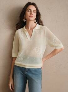 Anewsta 宽松提花针织女式毛衣、海滩、女士春夏装 - 杏色 - 查看 3