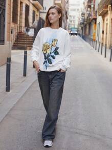 Maija Women's White Early Spring Floral Print Round Neck Long Sleeve Sweatshirt, Elastic Hem And Cuffs, Simple Fashionable Casual Everyday Wear Festival - White - View 1