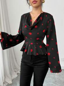 Elenzga Flounce Neck Rose Flower Romantic Blouse For Valentine's Day