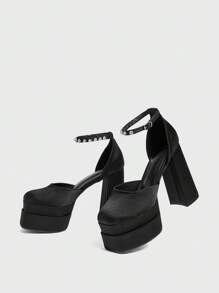Sugerpunk Women's Fashion High Platform Satin Rhinestone Embellished Pumps Spring Shoes Spring Break Easter Prom Heels - Black - View 5