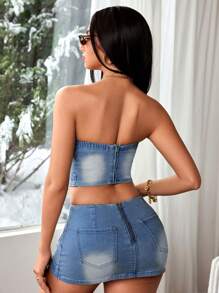 SHEIN ICON Women's Sexy Grommet Detail Tube Top Denim Blouse