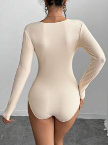 SHEIN Lady 女士纯色圆领长袖纽扣休闲紧身衣