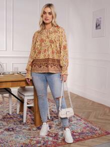 SHEIN LUNE Blusa Casual de Manga Longa com Gola de Laço e Estampa Floral, Plus Size, Verão para Mulheres - Damasco - Visão 5
