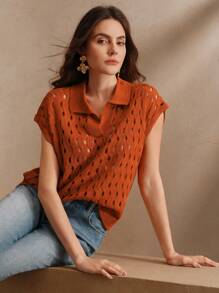 Anewsta 女士优雅度假镂空 V 领无袖针织毛衣 - 橘色 - 查看 5