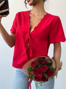 SHEIN Essnce 情人节红色短袖衬衫女春夏宽松休闲前后系带蕾丝衬衫上衣 - 紅色 - 查看 7