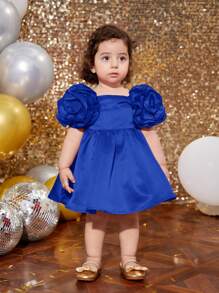SHEIN Babygirl Ruffled Puff Sleeve Knitted Dress With 3D Floral Decor, Suitable For Party, Baby Shower