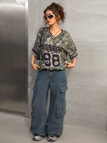 SHEIN Teen Girl Retro Street Spring And Summer,New V-Neck Camouflage Print & Letter Oversized Casual T-Shirt - Multicolor - View 5