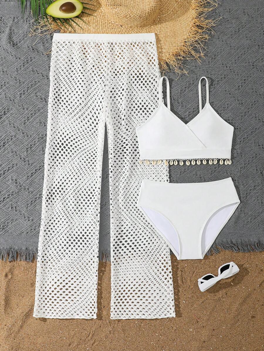 3pcs Tween Girl Ruffled Edge Swimwear Set - White - View 1