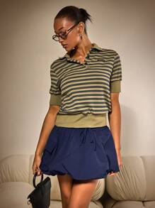 Athîral Women's Solid Color Waist Tie Utility Pocket Bubble Hem Skirt - Navy Blue - View 2