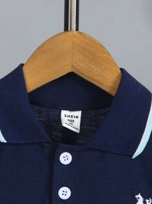 SHEIN Young Boy Color-Block Polo Short Sleeve Casual Shirt - Blue - View 4