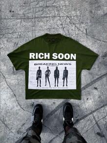 Manfinity EMRG 男士年轻街头风格品牌海报肖像印花黑色短款 T 恤 - 橄欖綠 - 查看 5