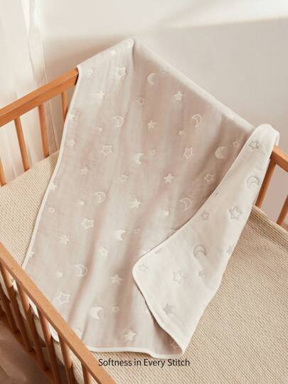 Cozy Pixies 1 st. Oeko-Tex-certifierad mjuk bomullsfilt med stjärn- och månemönster, högkvalitativ och bekväm textur