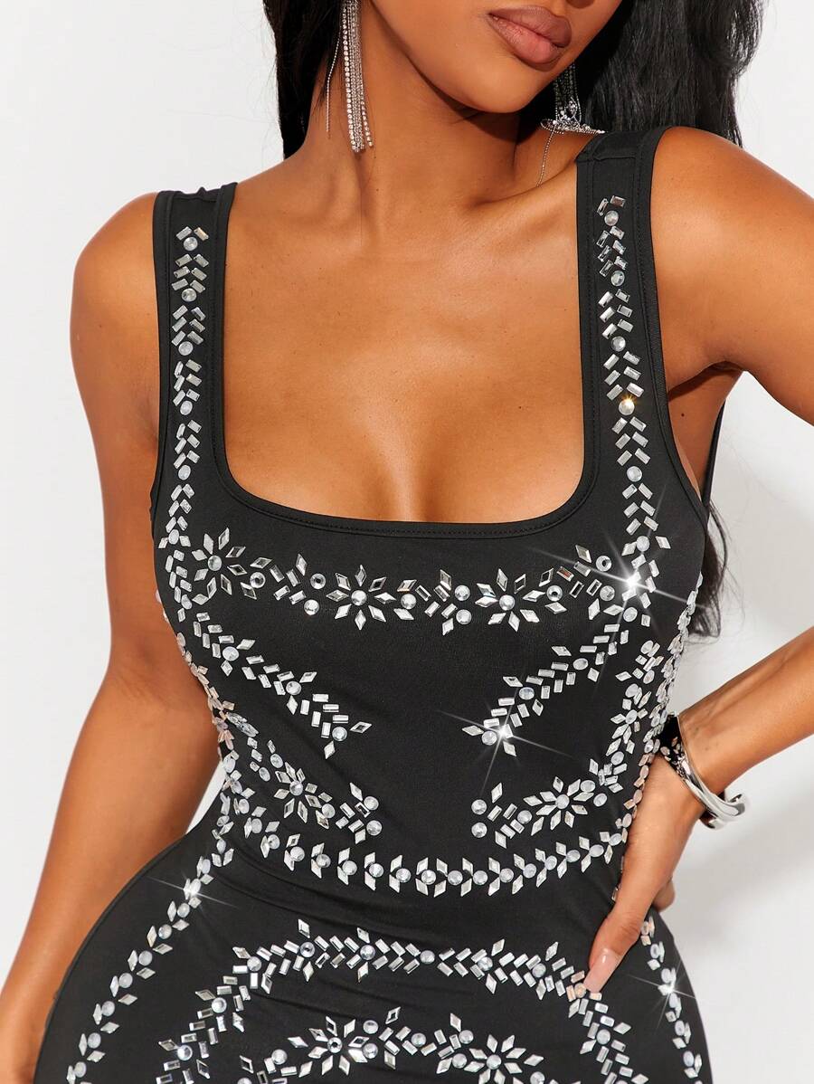 SHEIN SXY Vestido de lentejuelas de unicolor con decoración de strass, talla ajustada y diseño de cola de pez para fiestas - Negro - Ver 1