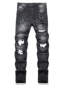 Manfinity EMRG Men's Ripped Pocket Casual Denim Jeans - Black - View 1