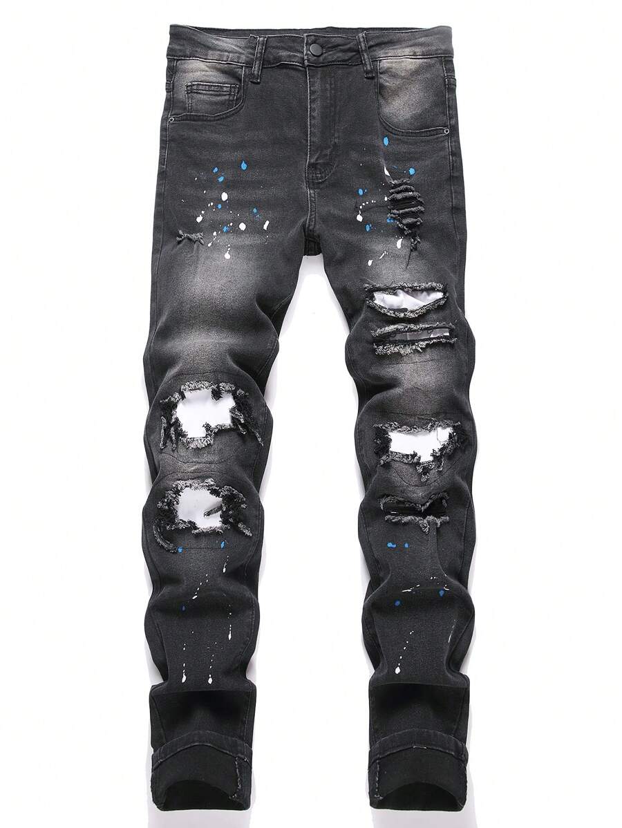 Manfinity EMRG Men's Ripped Pocket Casual Denim Jeans - Black - View 1