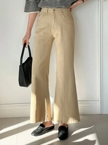 DAZY 女士休闲百搭纯色喇叭牛仔裤 低腰牛仔裤 - 卡其色 - 查看 6