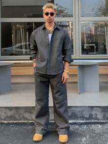 DAZY 2pcs/Set Men's Casual Solid Color Shirt And Straight Leg Pants Set Business Attire - Grey - View 4