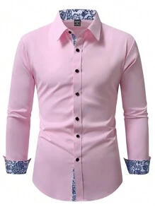 Manfinity Mode Plain Color Long Sleeve Casual Shirt, Simple And Fashionable For Everyday Wear, Elegant Pink Shirt Men, Men's Luxury Pink Shirt, Fall - Pink - View 6