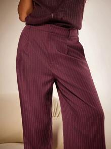 Athîral 女士简约褶皱条纹休闲长裤，适合日常穿着 - 酒紅色 - 查看 3