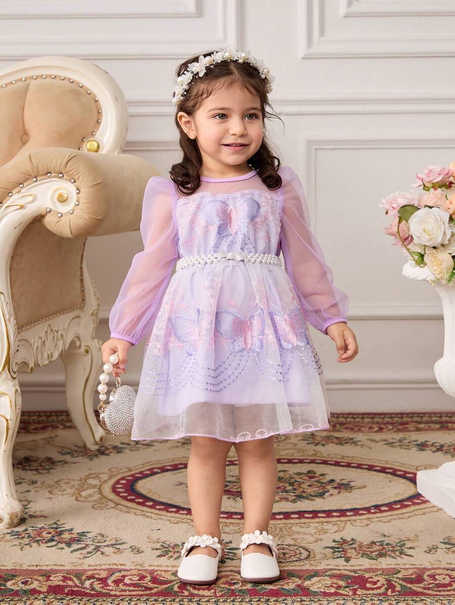 Vestido elegante, dulce y lujoso para niña bebé con bordado de mariposa púrpura, manga abullonada y capa de tul morado. Diseñado con un estilo sofisticado y glamoroso, el vestido presenta un delicado bordado de mariposa y una tela de tul púrpura soñadora como superposición. - Morado - Ver 1