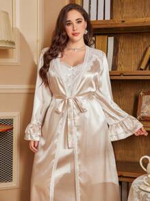 Plus Size French Palace Inspired Delicate Lace Long Faux Silk Camisole Nightgown And Double Ruffle Sleeve Design Robe Set, Fall Winter Clothes - Champagne - View 8