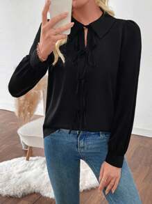 SHEIN LUNE Damen Herbst/Winter Bluse mit gekerbtem Kragen, Schulter, Vorderseiten-Bindeärmel und locker gewebter Passform