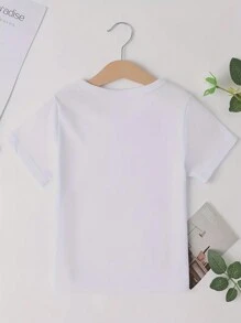 Elladie kids Young Girl Casual Fashion Creative Heart & Letter Print Short Sleeve T-Shirt, Basic Graphic Tee Summer Holiday - White - View 2