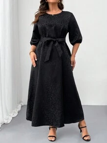 SHEIN Clasi Plus Size Women Leopard Jacquard Round Neck Lantern Sleeve Elegant Dress