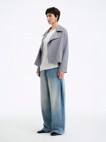 SHEIN Clasi 女士时尚通勤休闲日常长袖翻领斜前纯色夹克 - 灰色 - 查看 3