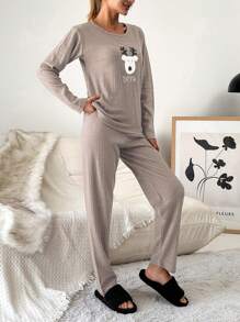 EURMUSE 100%Cotton Embroidery Cartoon & Letter Pattern Lounge Set - Beige - View 5