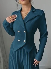 Elenzga 褶皱双排扣长袖优雅浪漫办公室女士套装 - 水鴨藍 - 查看 4
