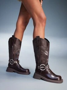 CUCCOO GRLICON 女士过膝靴，Y2K 风格，朋克摇滚，机车风，酷女孩，适合万圣节、圣诞节、派对场合 - 棕色 - 查看 5