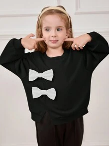 Cozy Pixies 年轻女孩时尚 3D 蝴蝶结点缀圆领落肩套头连帽衫 - 黑色 - 查看 3