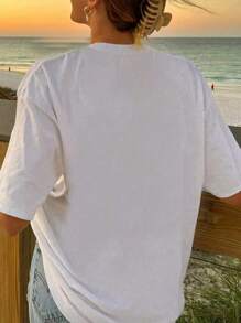 INAWLY 女士圆领短袖字母印花休闲上衣图案 T 恤女士上衣 - 白色 - 查看 2