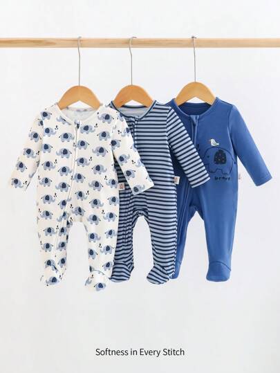 Cozy Pixies 3 件套新生女婴套装：卡通熊印花针织柔软圆领长袖连体衣和裤子