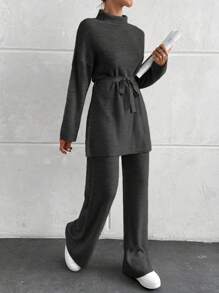 EURMUSE 2pcs/Set Women Simple Stand Collar Long Sleeve Top And Pants Casual Outfit - Light Grey - View 3