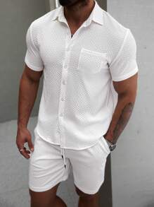 Manfinity CasualCool Men's Casual Vacation Daily Versatile INS White Geometric Texture Jacquard Button Door-Style Short Sleeve Shirt And Shorts Set ,Men Two Pieces Outfits ,White Outfit Men - White - View 3