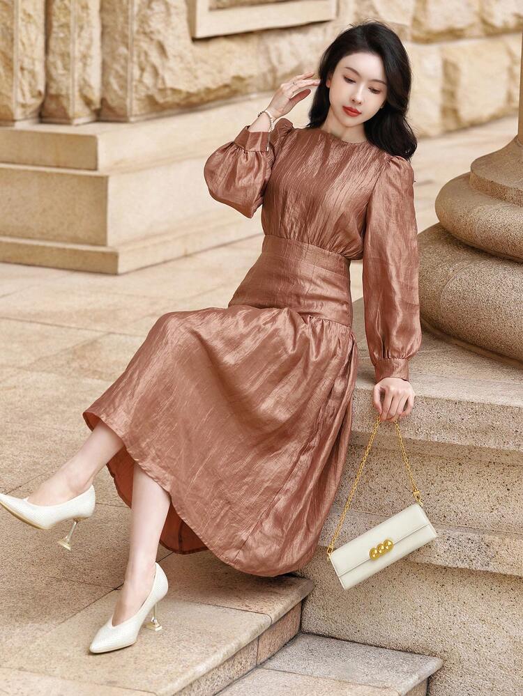 Solid Color Puff Sleeve Ruched Midi Dress For Women Elegant,Formal Women Dresses,Fall Dress Long Sleeve Dress