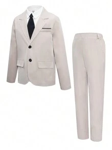 Conjunto de 2 piezas traje formal estilo coreano para niño preadolescente, ajuste delgado, para boda o fiesta. Incluye blazer de solapa simple y pantalones casuales de pierna recta.