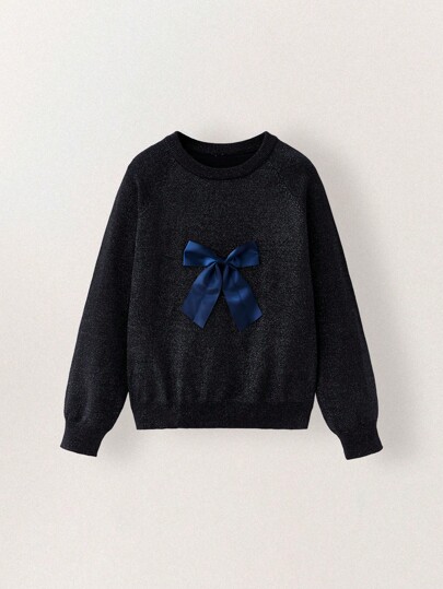 SHEIN Jersey de manga larga con cuello redondo y decoración de lazo para niñas preadolescentes, para otoño/invierno