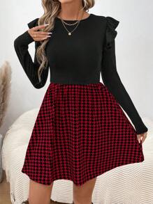 SHEIN LUNE Vestido campana con volantes y estampado de cuadros vintage, cuello redondo, manga corta. Uso casual/laboral para mujer, apto para otoño/invierno.