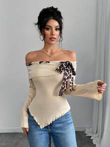 Elenzga Top elegante; camiseta assimétrica plissada de manga comprida bege sólida, outono/primavera; camiseta feminina de malha com ombros de fora e ajuste fino; adequada para encontros - Damasco - Ver 6