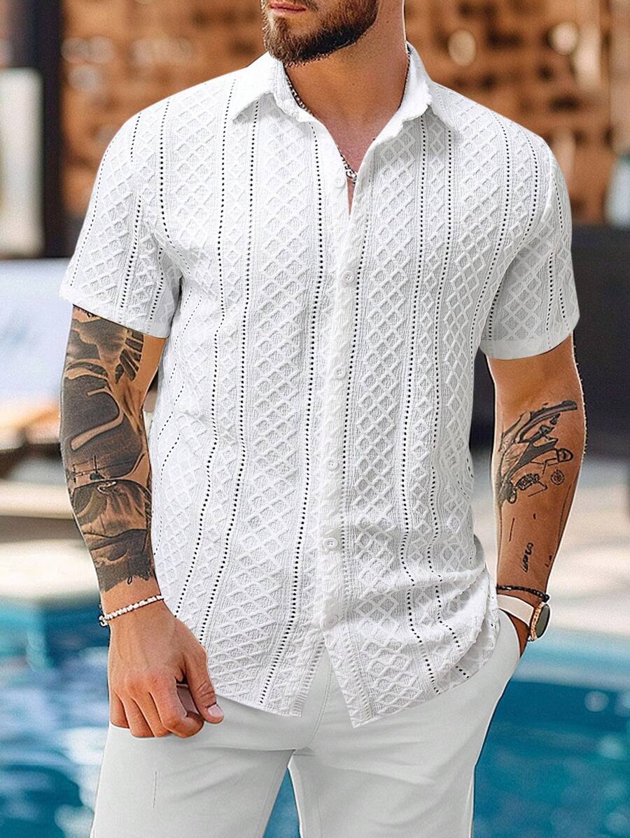Manfinity Homme Camisa casual de manga corta con botones delanteros de unicolor para uso diario para hombres