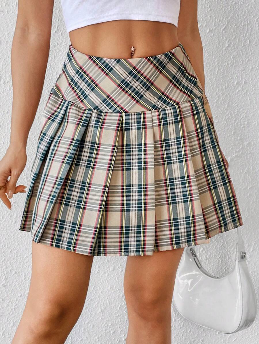 SHEIN Unity 女士格子褶皱简约 A 字裙，休闲日常穿着 - 黃色 - 查看 1