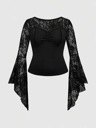Hippie Camiseta de manga acampanada asimétrica con abertura de mariposa vintage de encaje de estilo hippie de talla grande