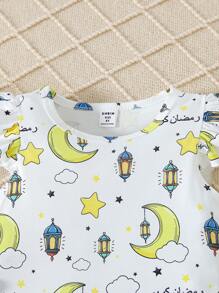 SHEIN Young Girls Ramadan 2pcs/Set Fashion Crescent Moon Print Fitted Cap Sleeve Casual Crew Neck Dress, Summer - Black and White - View 4