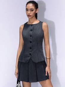 GENKIRA Women Striped Single-Breasted Pleated Sleeveless Tank Dress - Multicolor - View 1