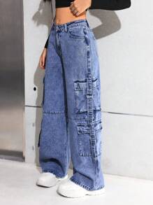 SHEIN Teen Girl Y2K Fashion Stonewashed High Waisted Baggy Straight-Leg Cargo Denim Jeans Pants With Utility Pockets Versatile Style, Girls Spring Summer Streetwear - Medium Wash - View 6